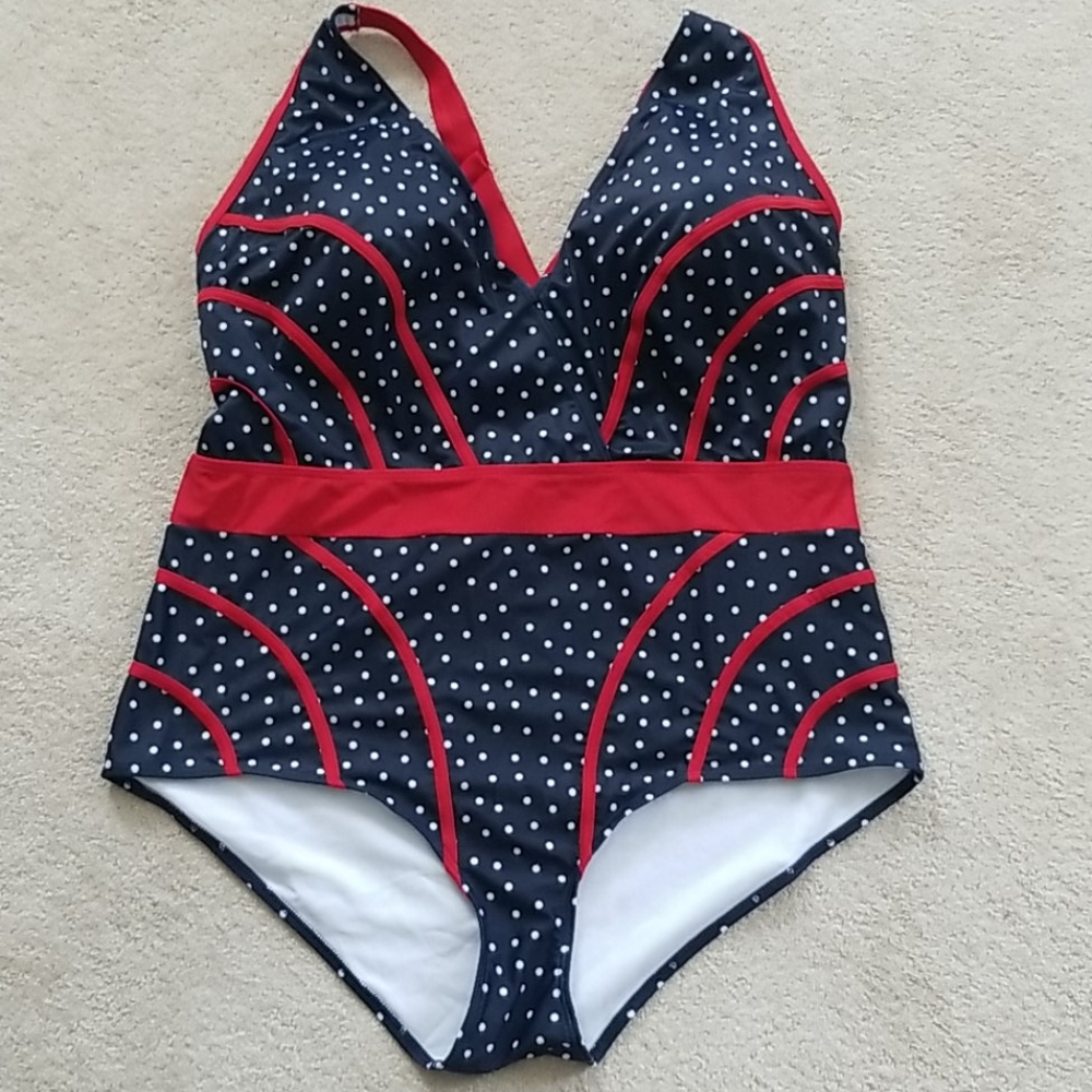Blue Red White 1pc Swimsuit Polka Dots